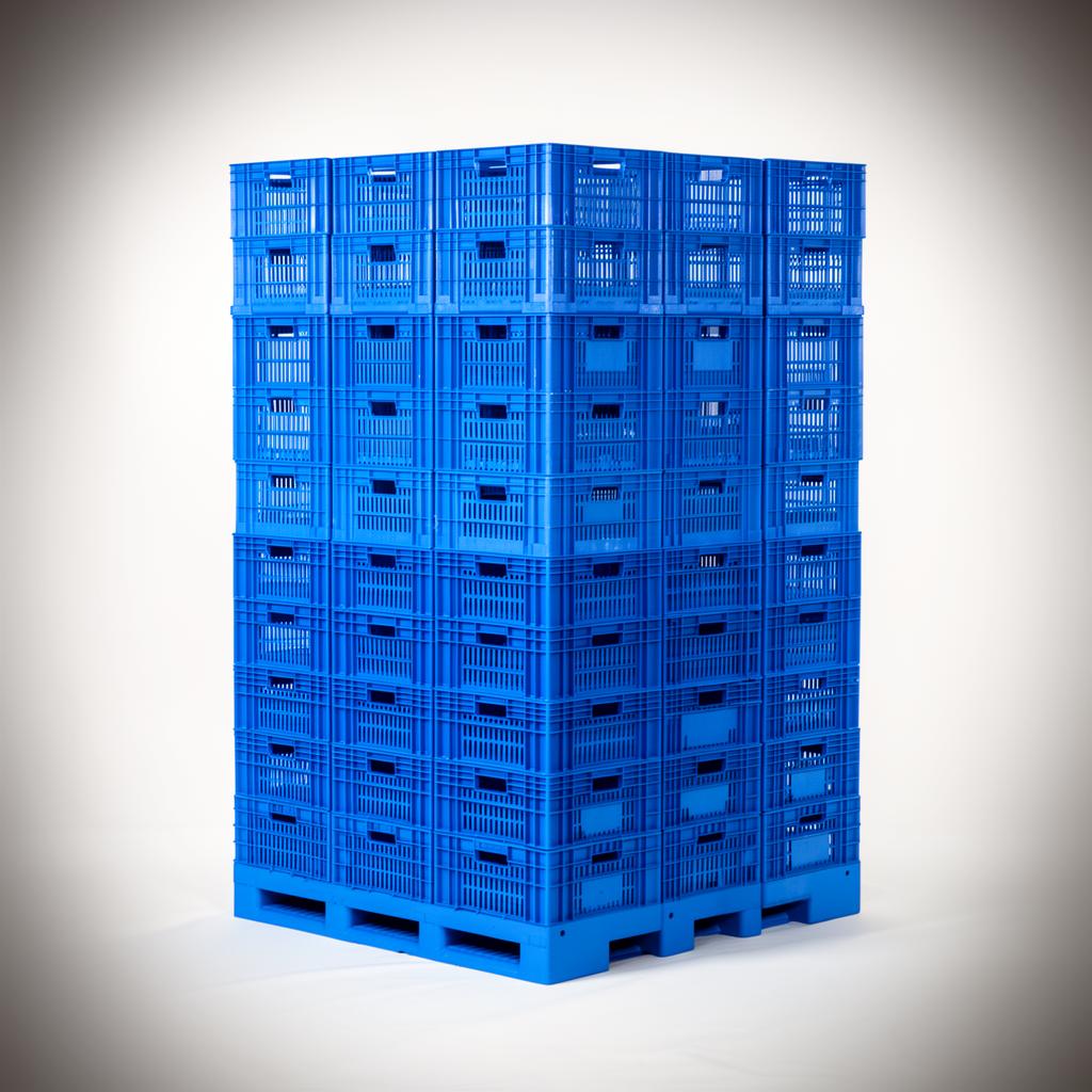 Pila de cajones plásticos azules industriales apilados